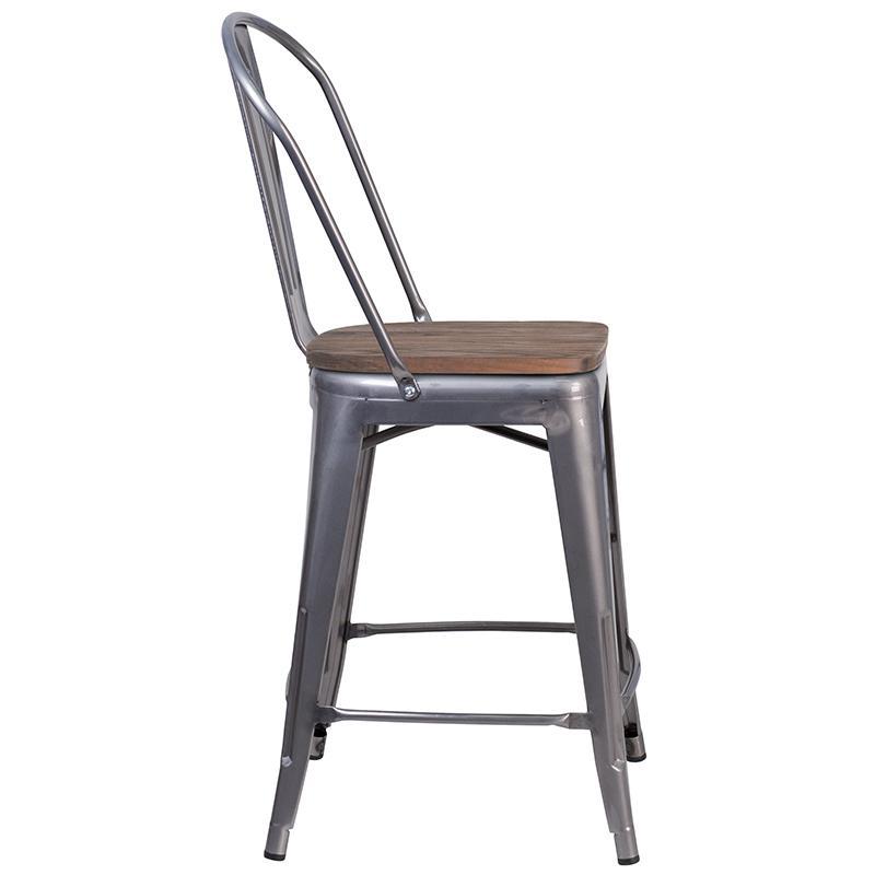 24"High Clear Coated Counter Height Stool with Back and Wood Seat