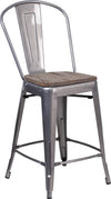 24" High Clear Coated Counter Height Stool with Back and Wood Seat
