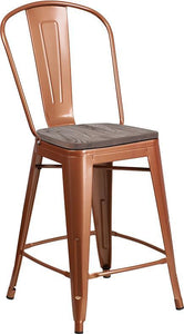 24" High Copper Metal Counter Height Stool with Back and Wood Seat