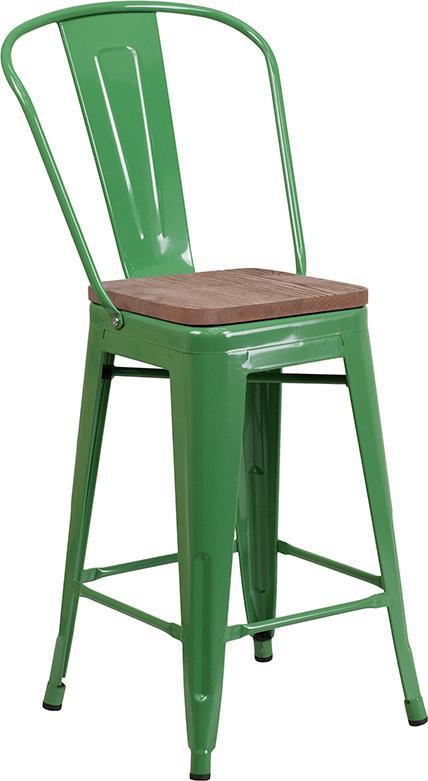 24" High Green Metal Counter Height Stool with Back and Wood Seat