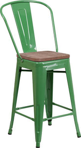 24" High Green Metal Counter Height Stool with Back and Wood Seat