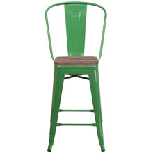Load image into Gallery viewer, 24&quot; High Green Metal Counter Height Stool with Back with wood seat