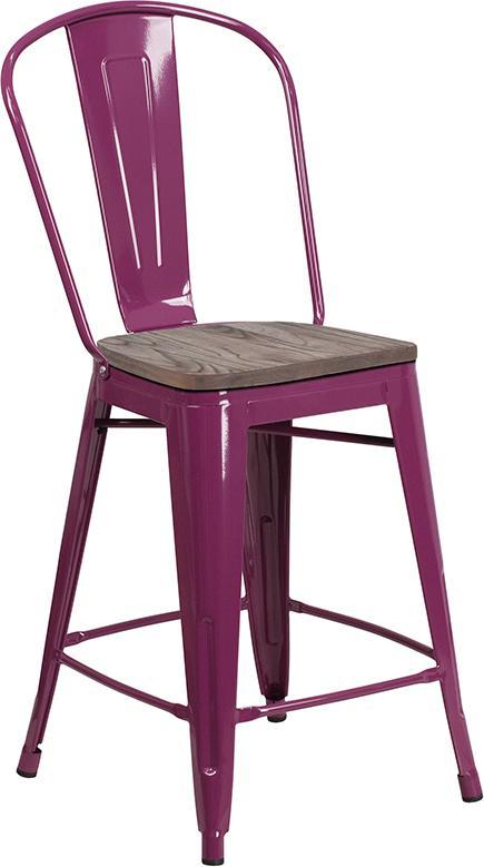 24" High Purple Metal Counter Height Stool with Back and Wood Seat