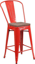 Load image into Gallery viewer, 24&quot; High Red Metal Counter Height Stool with Back and Wood Seat