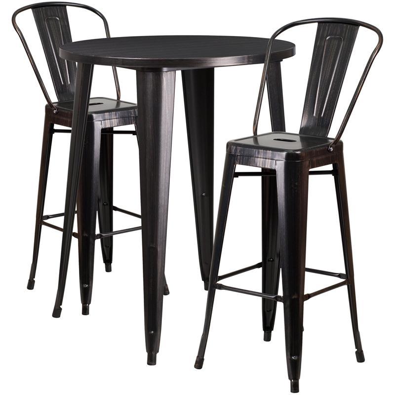30'' Round Black-Antique Gold Metal Indoor-Outdoor Bar Table Set with 2 Cafe Stools