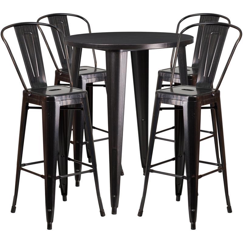 30'' Round Black-Antique Gold Metal Indoor-Outdoor Bar Table Set with 4 Cafe Stools