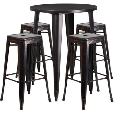 30'' Round Black-Antique Gold Metal Indoor-Outdoor Bar Table Set with 4 Square Seat Backless Stools
