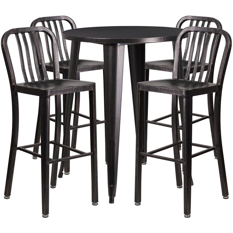 30'' Round Black-Antique Gold Metal Indoor-Outdoor Bar Table Set with 4 Vertical Slat Back Stools