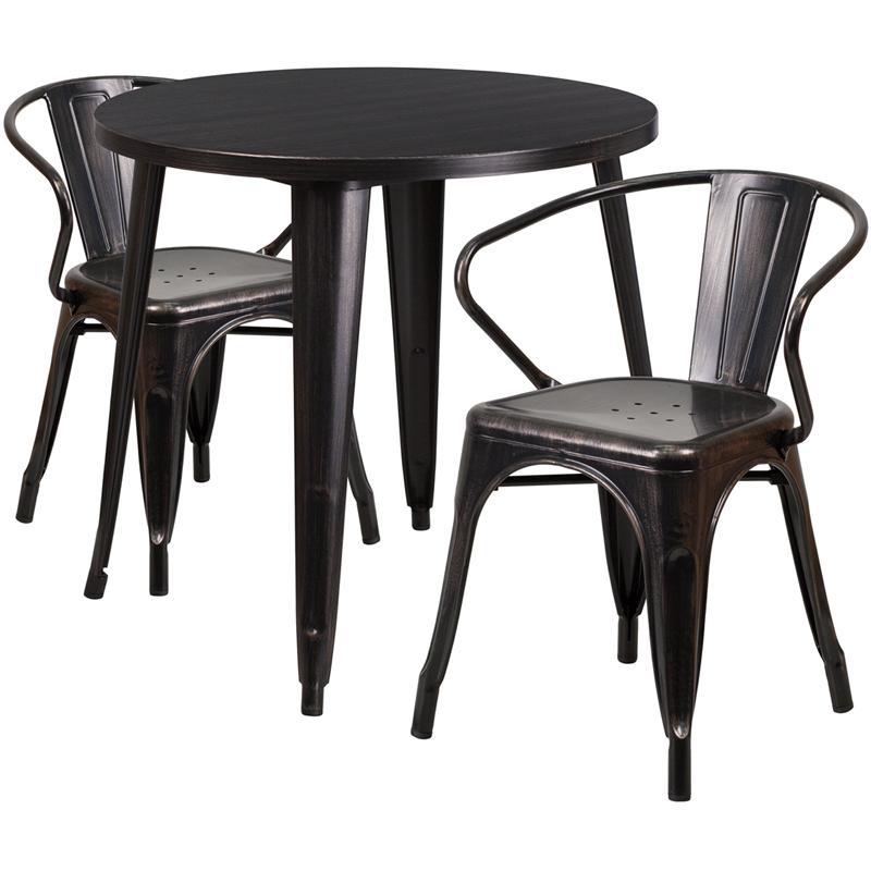 30'' Round Black-Antique Gold Metal Indoor-Outdoor Table Set with 2 Arm Chairs