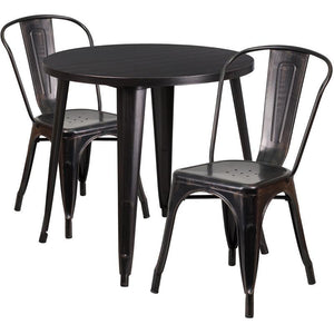 30'' Round Black-Antique Gold Metal Indoor-Outdoor Table Set with 2 Cafe Chairs