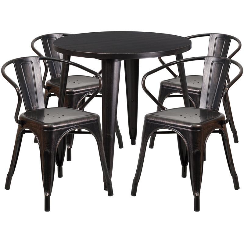 30'' Round Black-Antique Gold Metal Indoor-Outdoor Table Set with 4 Arm Chairs