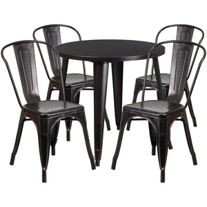 30'' Round Black-Antique Gold Metal Indoor-Outdoor Table Set with 4 Cafe Chairs