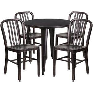 30'' Round Black-Antique Gold Metal Indoor-Outdoor Table Set with 4 Vertical Slat Back Chairs
