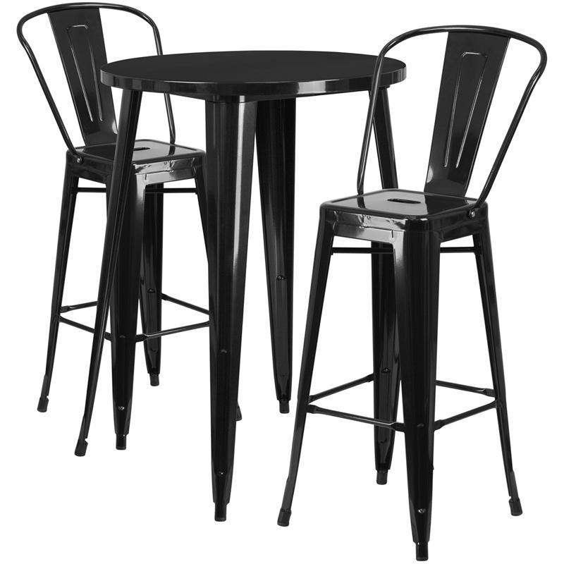 30'' Round Black Metal Indoor-Outdoor Bar Table Set with 2 Cafe Stools