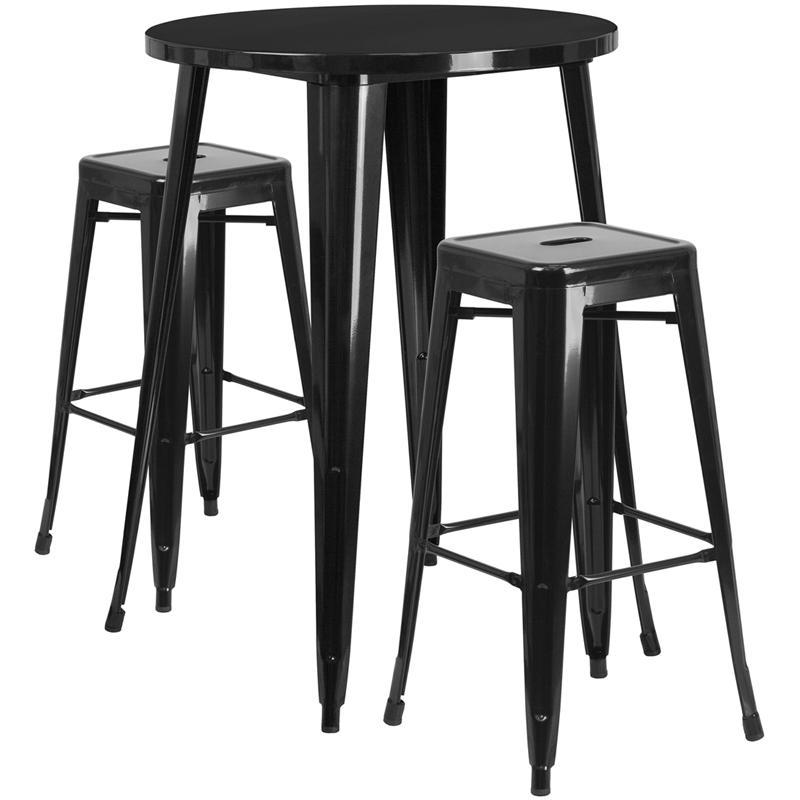 30'' Round Black Metal Indoor-Outdoor Bar Table Set with 2 Square Seat Backless Stools