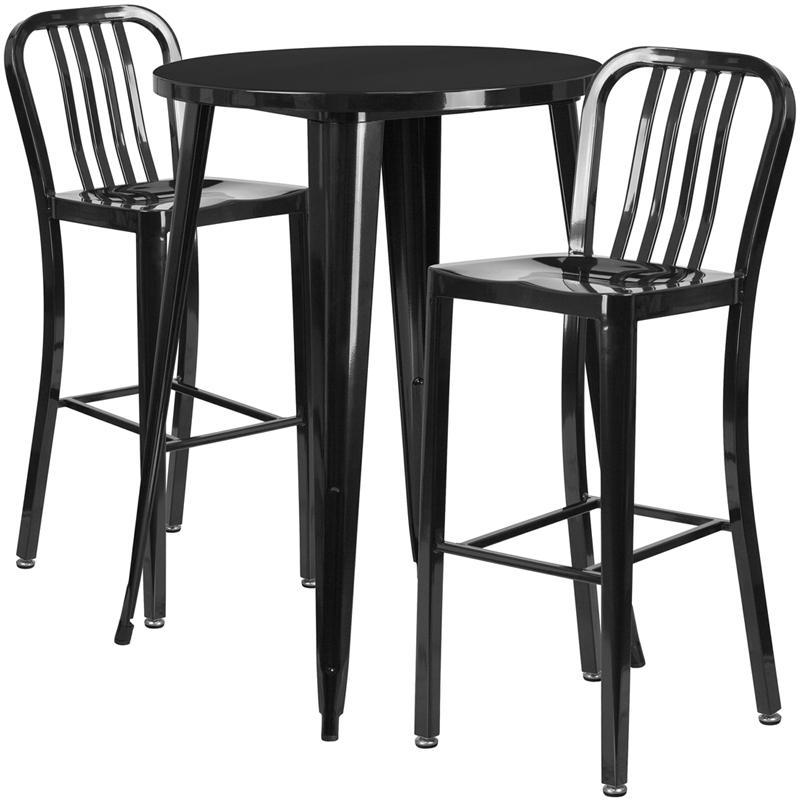 30'' Round Black Metal Indoor-Outdoor Bar Table Set with 2 Vertical Slat Back Stools
