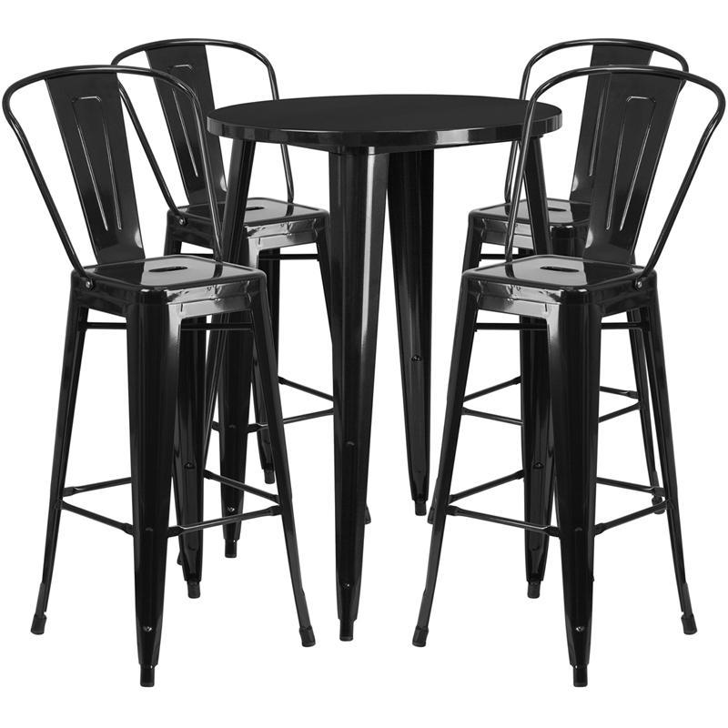 30'' Round Black Metal Indoor-Outdoor Bar Table Set with 4 Cafe Stools