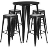 30'' Round Black Metal Indoor-Outdoor Bar Table Set with 4 Square Seat Backless Stools