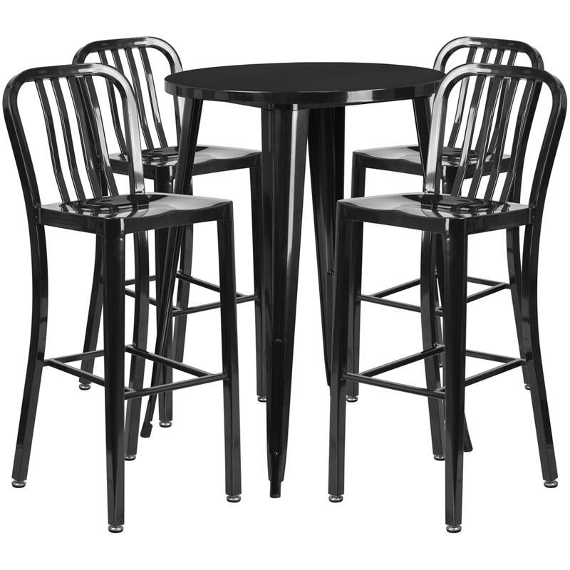 30'' Round Black Metal Indoor-Outdoor Bar Table Set with 4 Vertical Slat Back Stools