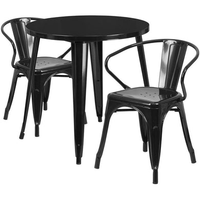 30'' Round Black Metal Indoor-Outdoor Table Set with 2 Arm Chairs