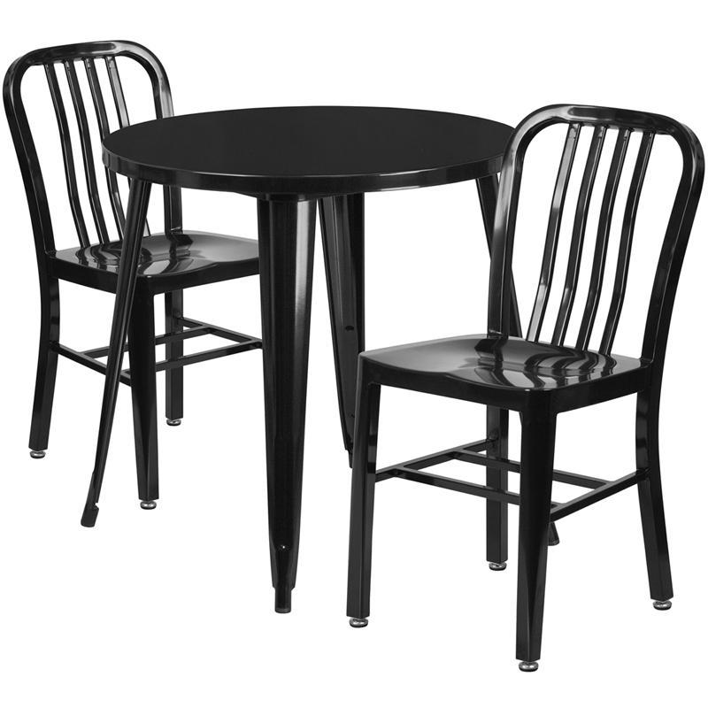 30'' Round Black Metal Indoor-Outdoor Table Set with 2 Vertical Slat Back Chairs