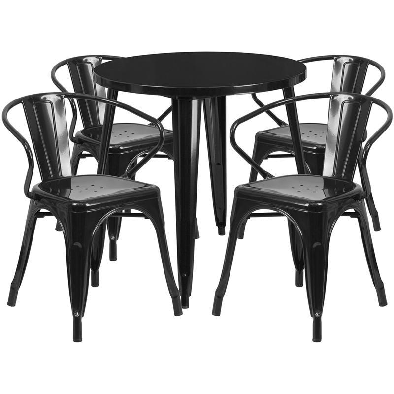 30'' Round Black Metal Indoor-Outdoor Table Set with 4 Arm Chairs