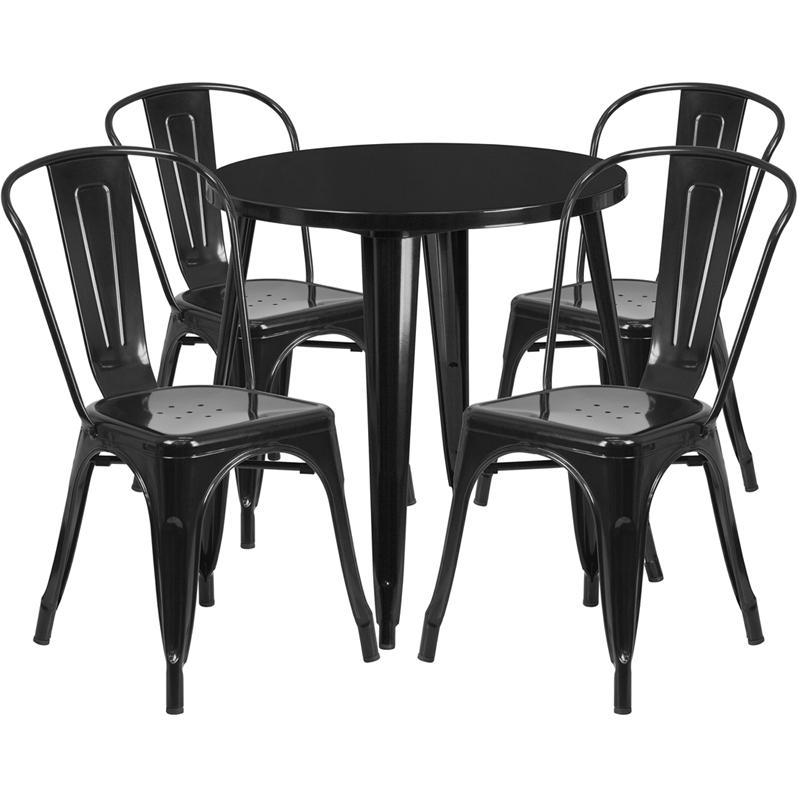 30'' Round Black Metal Indoor-Outdoor Table Set with 4 Cafe Chairs