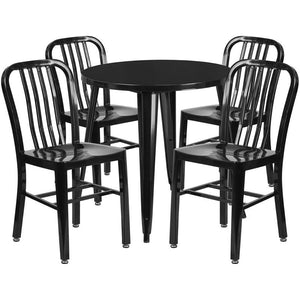 30'' Round Black Metal Indoor-Outdoor Table Set with 4 Vertical Slat Back Chairs