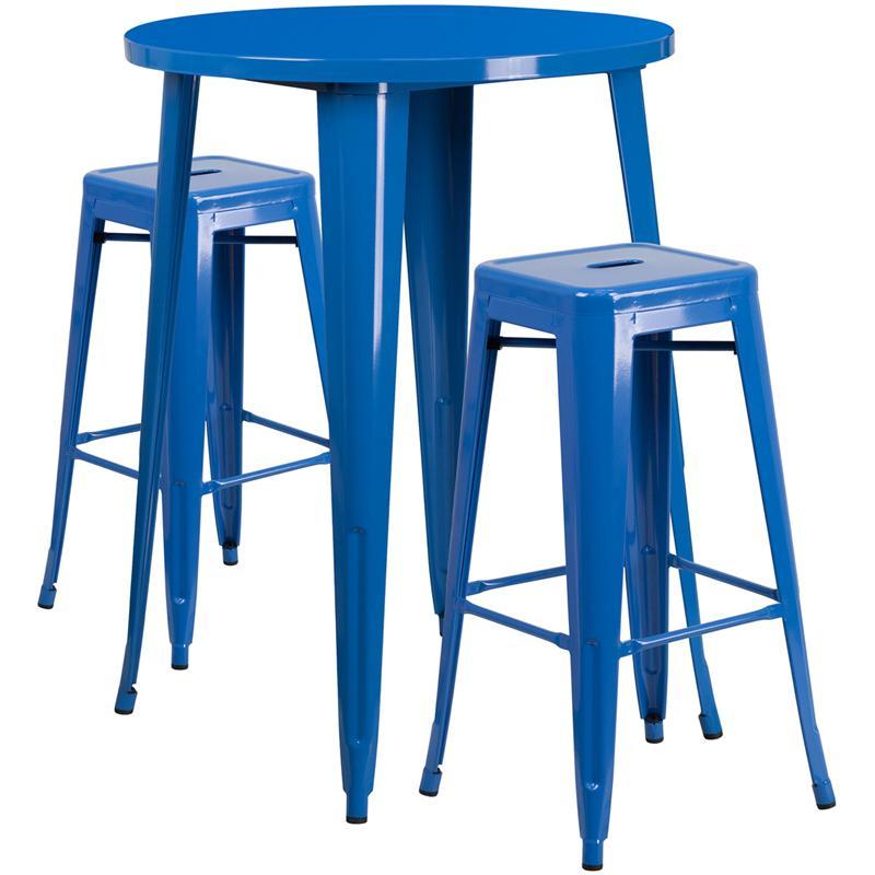30'' Round Blue Metal Indoor-Outdoor Bar Table Set with 2 Square Seat Backless Stools