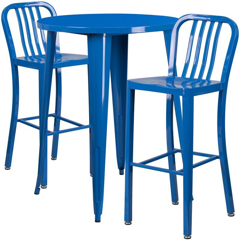 30'' Round Blue Metal Indoor-Outdoor Bar Table Set with 2 Vertical Slat Back Stools