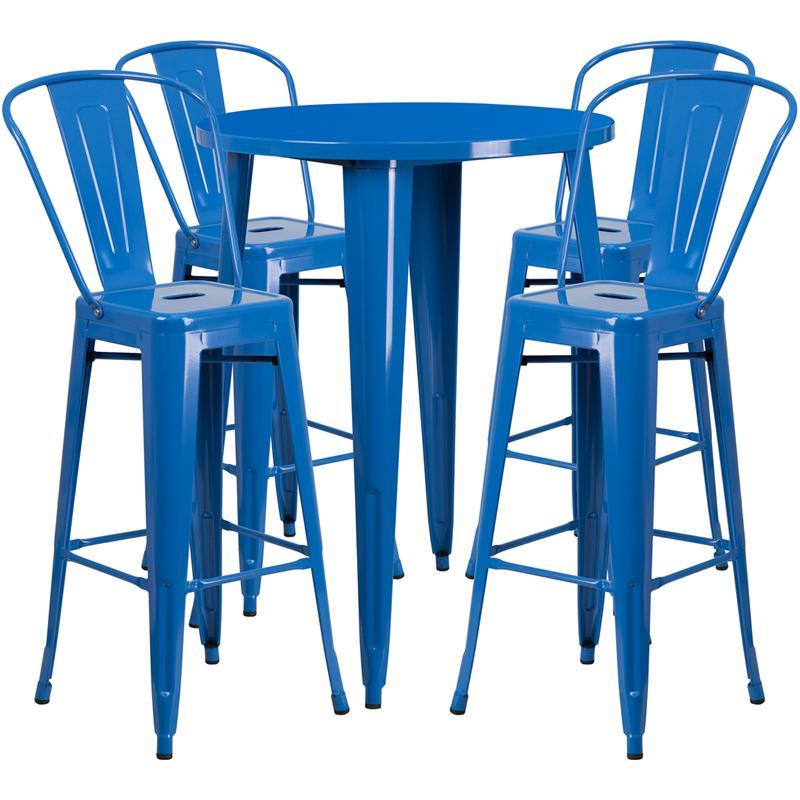 30'' Round Blue Metal Indoor-Outdoor Bar Table Set with 4 Cafe Stools
