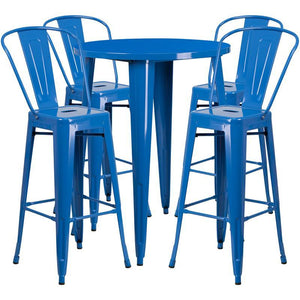30'' Round Blue Metal Indoor-Outdoor Bar Table Set with 4 Cafe Stools