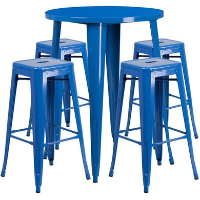 30'' Round Blue Metal Indoor-Outdoor Bar Table Set with 4 Square Seat Backless Stools