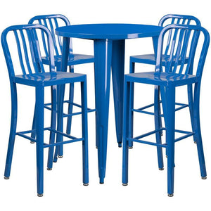 30'' Round Blue Metal Indoor-Outdoor Bar Table Set with 4 Vertical Slat Back Stools
