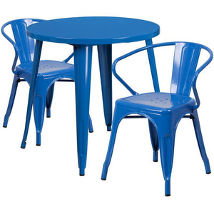 30'' Round Blue Metal Indoor-Outdoor Table Set with 2 Arm Chairs