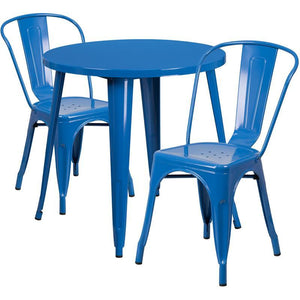 30'' Round Blue Metal Indoor-Outdoor Table Set with 2 Cafe Chairs