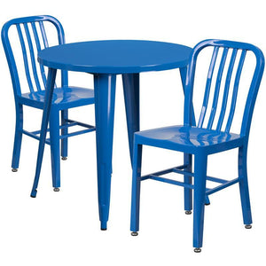 30'' Round Blue Metal Indoor-Outdoor Table Set with 2 Vertical Slat Back Chairs