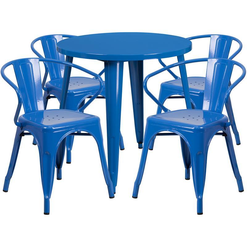 30'' Round Blue Metal Indoor-Outdoor Table Set with 4 Arm Chairs