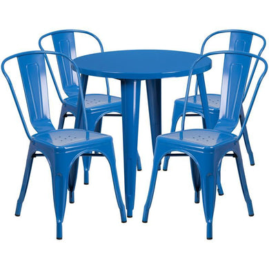 30'' Round Blue Metal Indoor-Outdoor Table Set with 4 Cafe Chairs