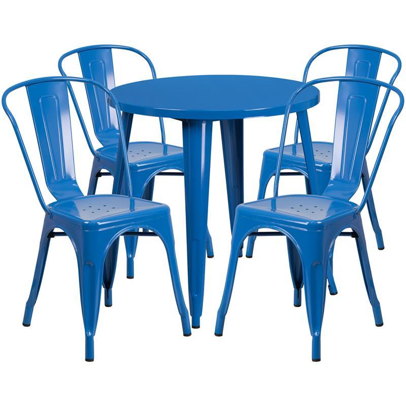 30'' Round Blue Metal Indoor-Outdoor Table Set with 4 Cafe Chairs