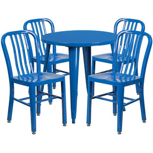 30'' Round Blue Metal Indoor-Outdoor Table Set with 4 Vertical Slat Back Chairs