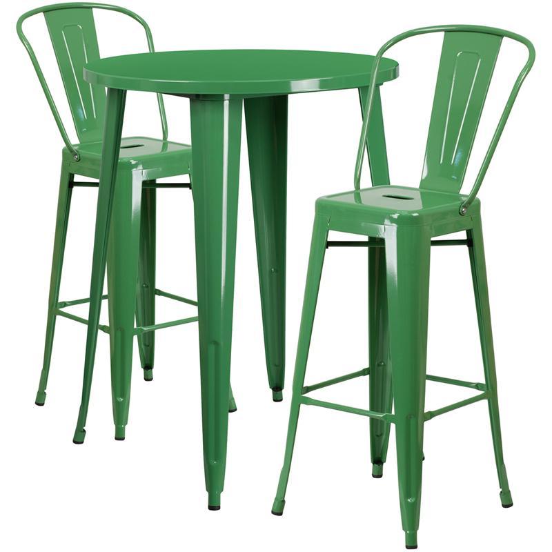 30'' Round Green Metal Indoor-Outdoor Bar Table Set with 2 Cafe Stools