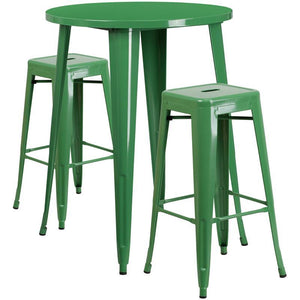 30'' Round Green Metal Indoor-Outdoor Bar Table Set with 2 Square Seat Backless Stools