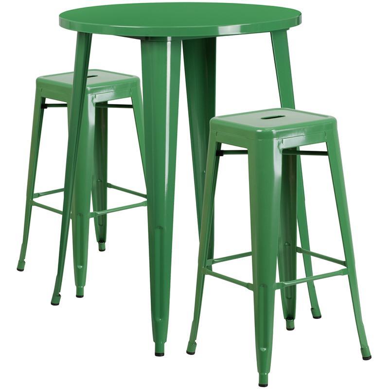 30'' Round Green Metal Indoor-Outdoor Bar Table Set with 2 Square Seat Backless Stools