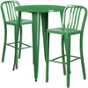 30'' Round Green Metal Indoor-Outdoor Bar Table Set with 2 Vertical Slat Back Stools