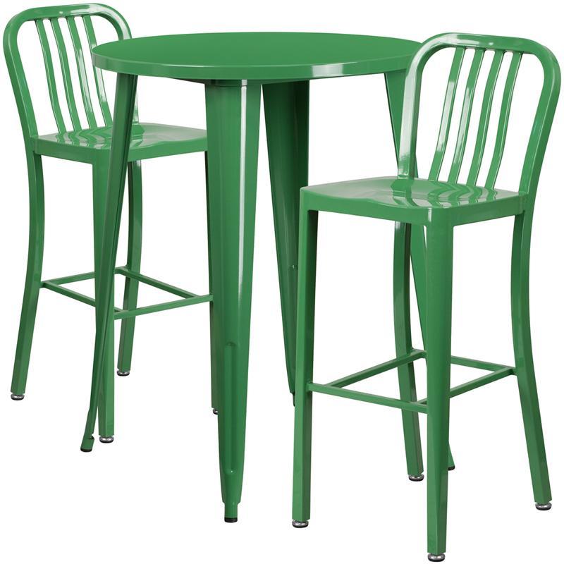 30'' Round Green Metal Indoor-Outdoor Bar Table Set with 2 Vertical Slat Back Stools