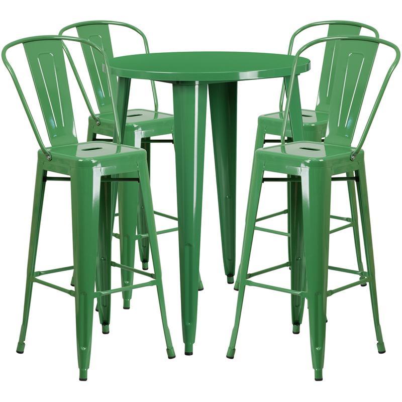 30'' Round Green Metal Indoor-Outdoor Bar Table Set with 4 Cafe Stools