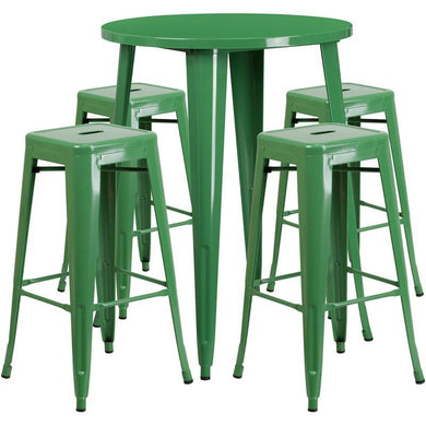 30'' Round Green Metal Indoor-Outdoor Bar Table Set with 4 Square Seat Backless Stools