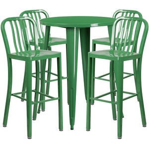 30'' Round Green Metal Indoor-Outdoor Bar Table Set with 4 Vertical Slat Back Stools