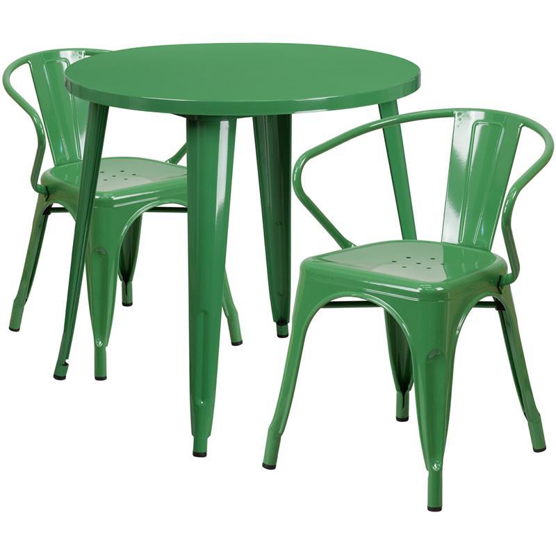 30'' Round Green Metal Indoor-Outdoor Table Set with 2 Arm Chairs